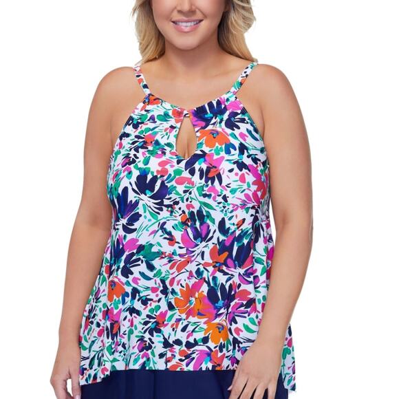 Island Escape Pink White BLack Palm Beach Underwire Swim Tankini Top, Multi, 22W - Picture 1 of 2